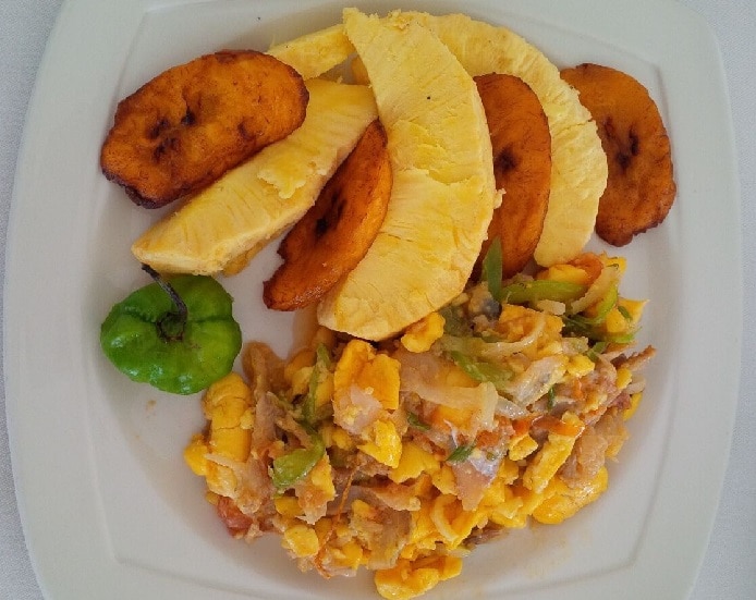 ackee and saltfish with roast breadfruit