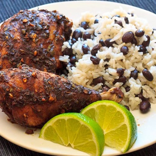 Jamaican chicken with rice and beans