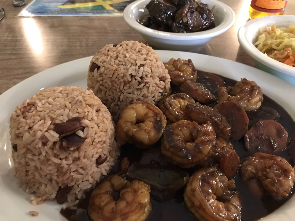 Jerk Shrimp with rice at Fireside Caribbean Restaurant